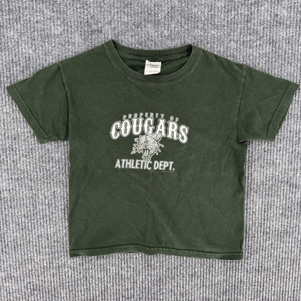 vintage faded Cougars athletic dept baby tee forest green collegiate graphic top